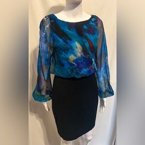 Aidan Mattox Sz 2 Silk Blue Ocean Aquatic Abstract Watercolor Cocktail Dress